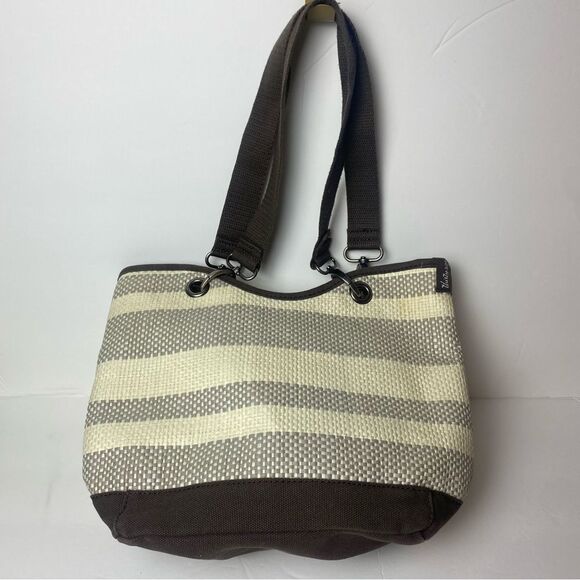 Thirty One Canvas Crew Mini Taupe Straw Stripe Small Tote - Picture 1 of 13